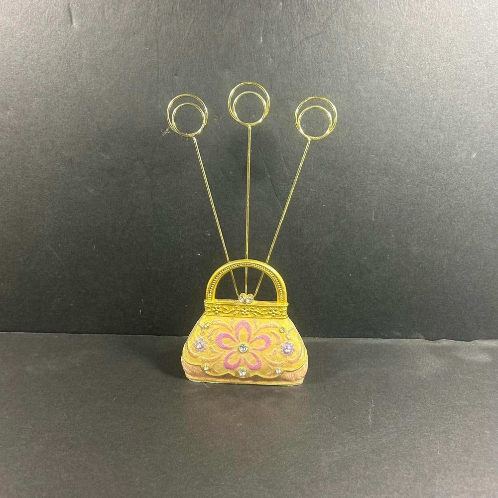 Purse‎ Rhinestone Photo Holder Gold Pink Floral Triple Clip Decor